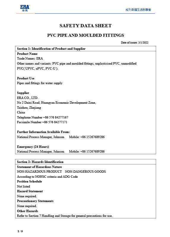 MSDS PVC PIPES AND FITTINGS